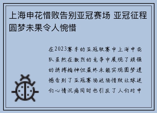上海申花惜败告别亚冠赛场 亚冠征程圆梦未果令人惋惜